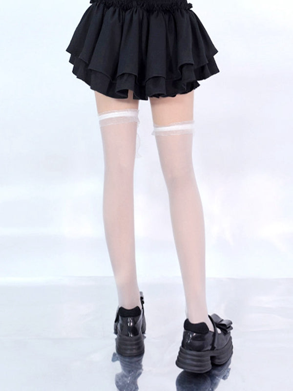 Schwarz/Weiße Overknee-Strümpfe mit Spitzenschleife an den Bündchen