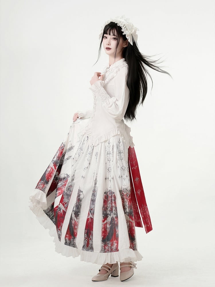 Details and Tie Bow Detachable with Ruffled White Gothic Blouse Embroidered