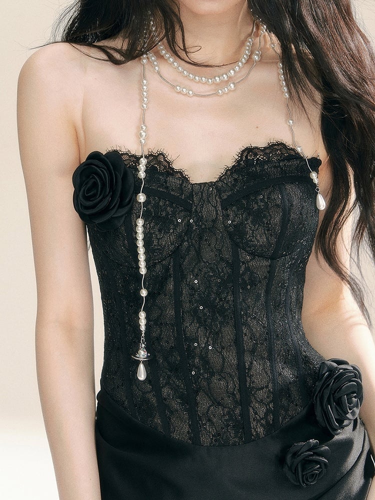 ブラックフローラルレースコルセットボディスパッチワークドレスイブニングガウン