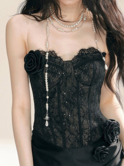 ブラックフローラルレースコルセットボディスパッチワークドレスイブニングガウン