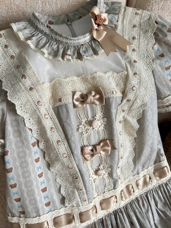 Theme Ruffle Bear Lolita Waist Neckline Green Dropped Dress Sweet