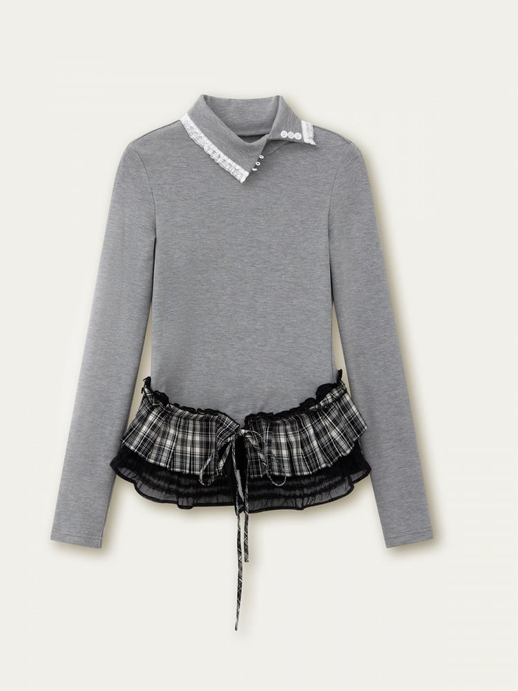 Ruffled and with Asymmetrical Design Long Gray T-Shirt Vintage Sleeve Collar