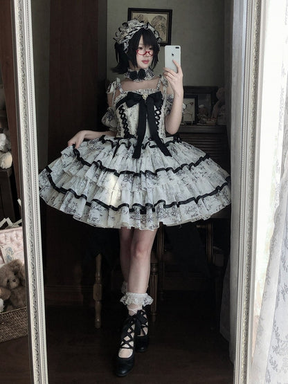 Elegant Hanayome-Style Black & White Porcelain-Inspired 92CM-Length Lolita Princess Dress - Sleepless Star