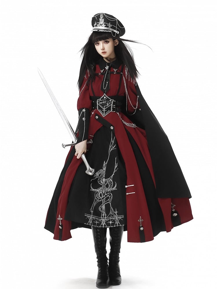 Long One Lolita Embroidery Red Snake Sleeves Decoration Piece Black And Cross Military
