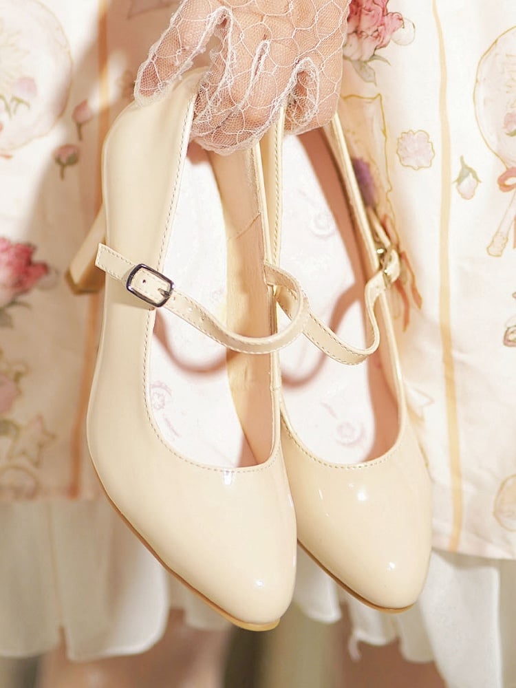 5cm Design Pointed Mid-heel Classic Mary Buckle Toe with Janes Apricot - Strap