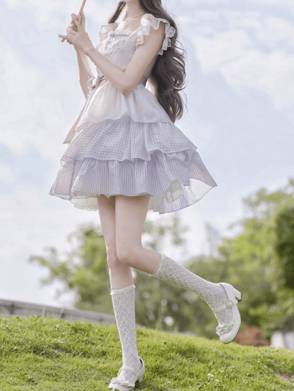 mit Rock Sweet Lavender Flatterärmel Kleid Floral Tiered