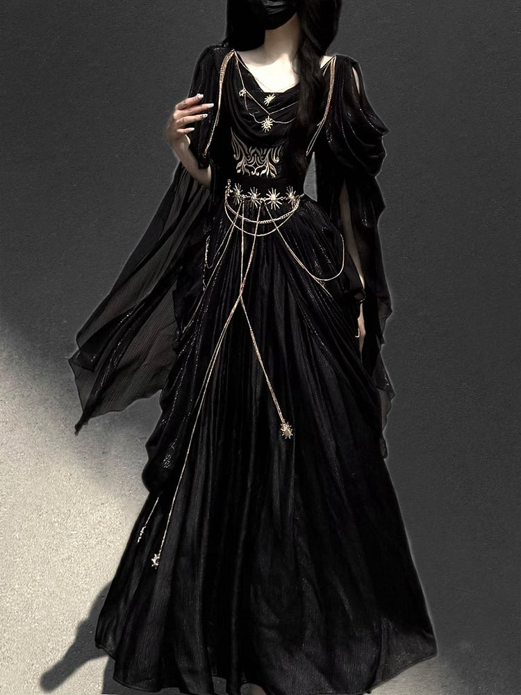 Embroidery Flowing and Sleeves Dress Black Golden Lolita Greek-inspired Chain Accents with