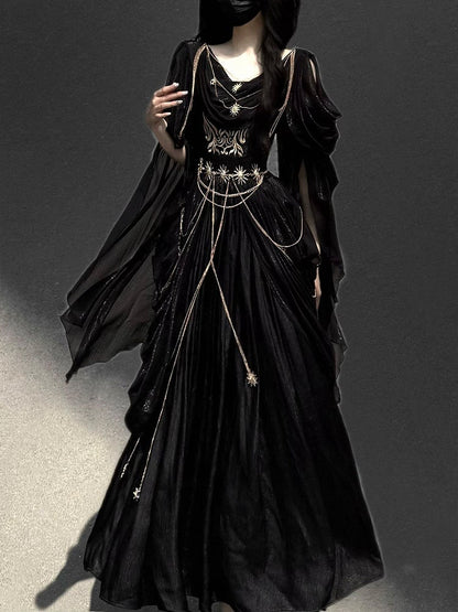 Embroidery Flowing and Sleeves Dress Black Golden Lolita Greek-inspired Chain Accents with