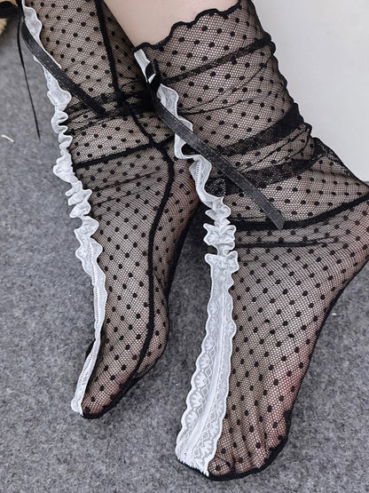 Bowknot Calf Socks With  Black/White Trim Details Lace Semi-sheer Polka-dot Pattern