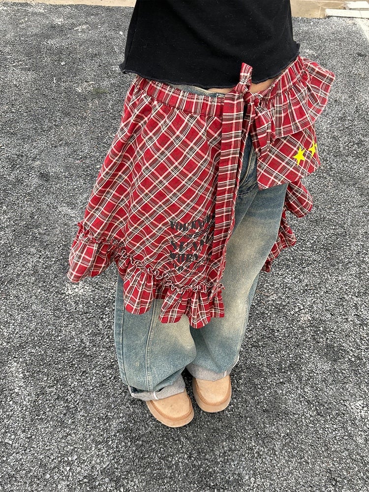 Apron Stars Red Element Skirt with Plaid Pattern Retro and