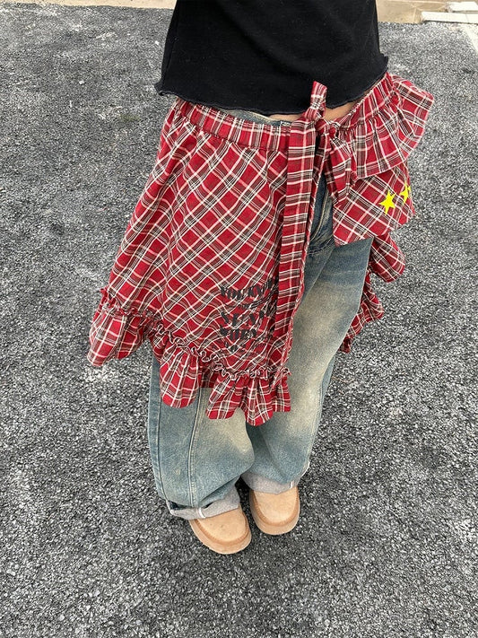 Apron Stars Red Element Skirt with Plaid Pattern Retro and