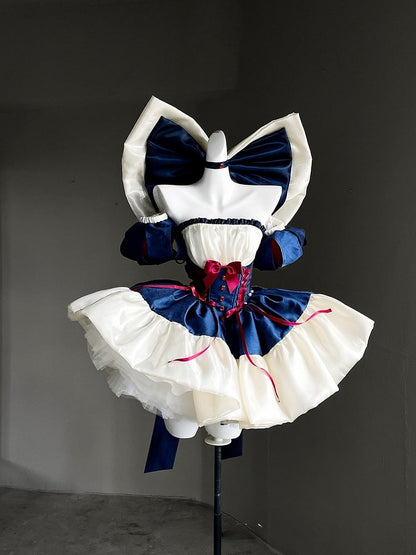 Waist Large Ribbon with Basque Blue Red Snow Accents Princess Bow and Balletcore White Vibes Dress