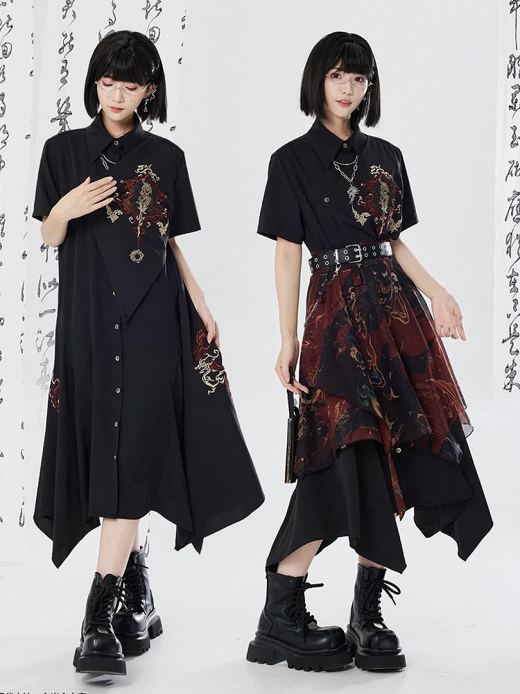 Asymmetrical Dragon Embroidery Long Dress - Qing Tang Original