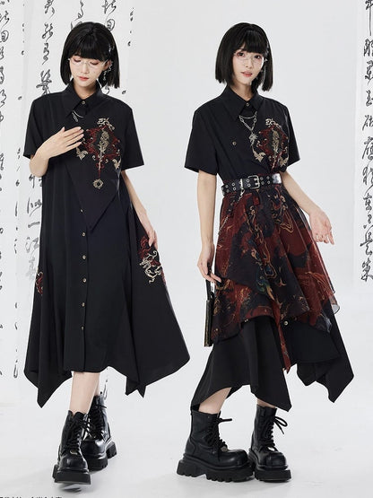 Asymmetrical Dragon Embroidery Long Dress - Qing Tang Original