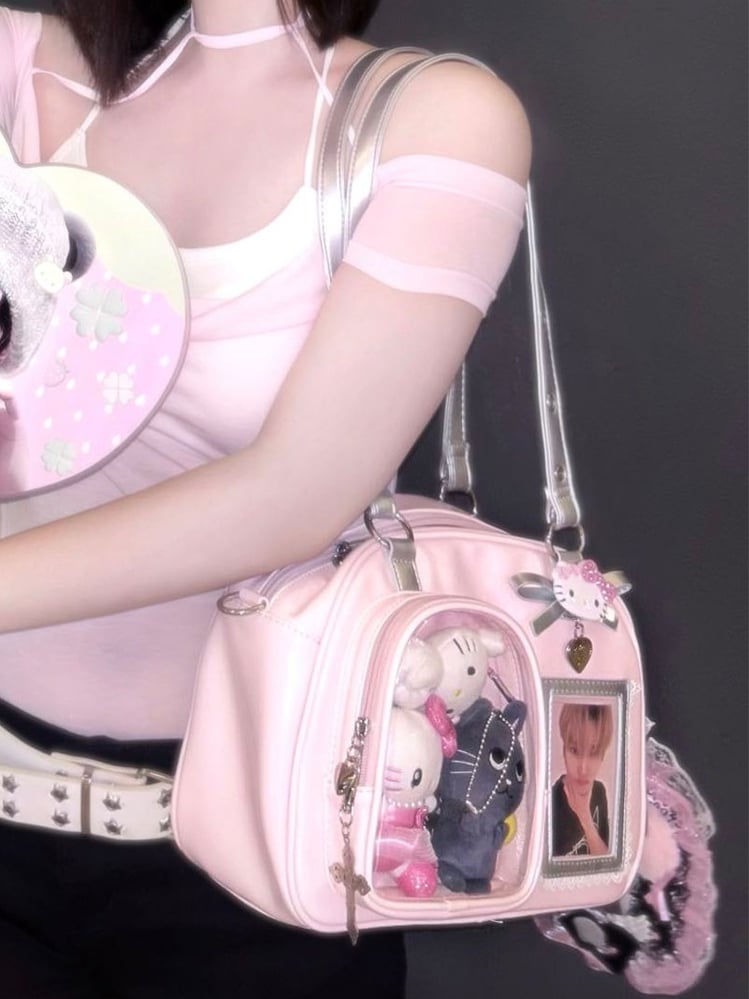 Three Heart Ita - Silver PU Way Carry Details Bag Daily Bow with Pink Kawaii Crossbody/Shoulder/Hand