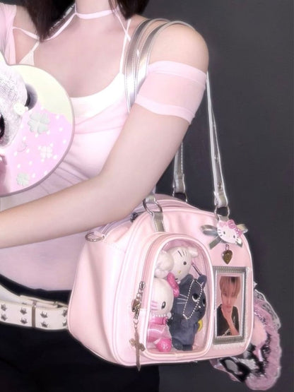 Three Heart Ita - Silver PU Way Carry Details Bag Daily Bow with Pink Kawaii Crossbody/Shoulder/Hand