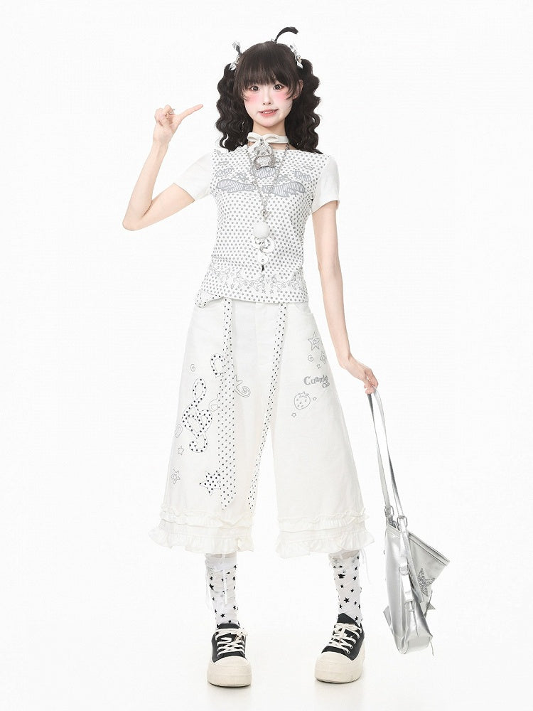 White Musical Note Cropped Wide-Leg Pants with Ruffle Hem - Languid Park
