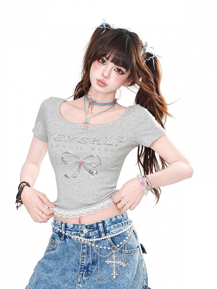 Black/Gray Bow Print Lace Trim Glamorous Cropped T-Shirt
