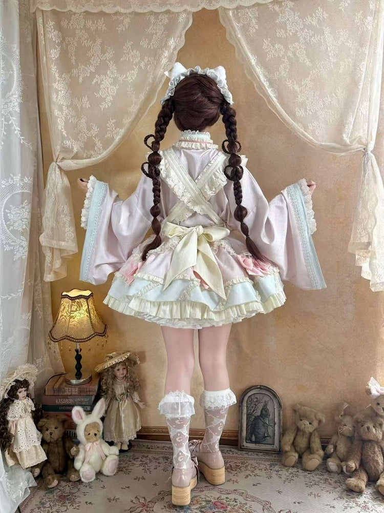 Hanfu-Inspired Lolita Top, Ruffle Mini Skirt & Apron Set in Pink Blue - Berry Story Lolita