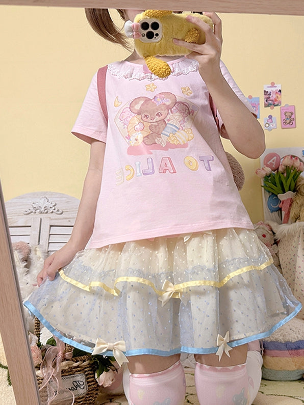 Tüll-Stufenrock mit Schleifenakzenten, Gelb, gepunktet, Rosa