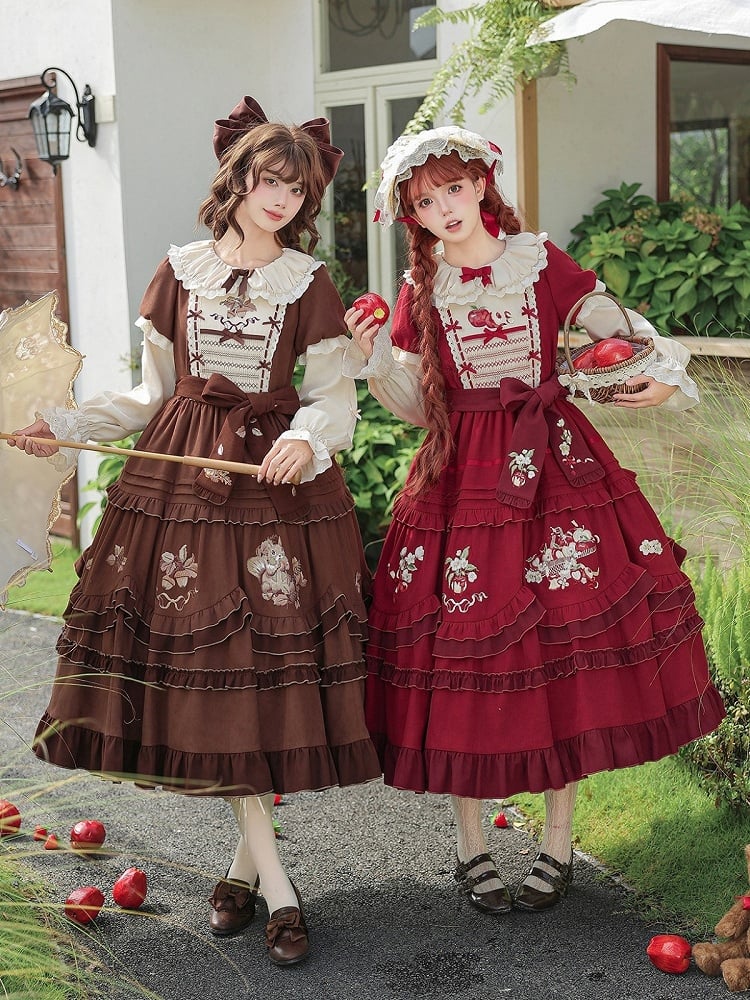 Brown Acorn & Squirrel Embroidered Lolita OP Dress with Peter Pan Collar, Ruffles, Belt, Brooch & Bow Hairclip - With PUJI