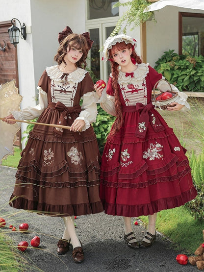 Wine Red Apple Embroidered OP Dress Set with Peter Pan Collar, Long Sleeves, Ruffle Trim, Belt, Brooch & Bow Hairclip - With PUJI