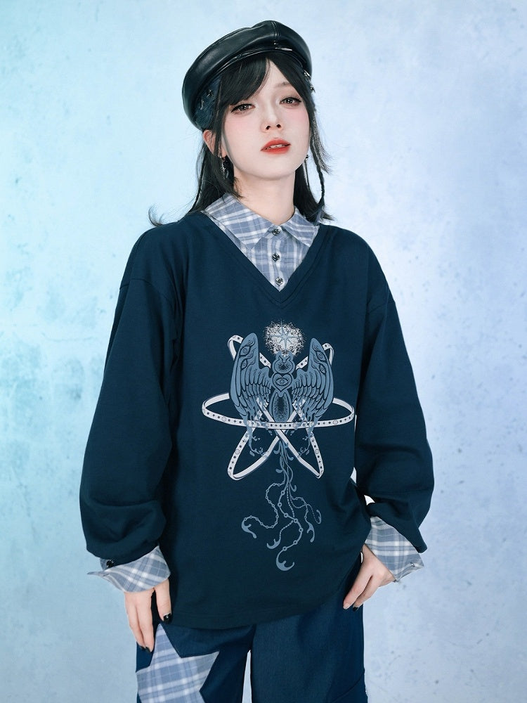 Navy Faux Two-Piece Plaid Collared Long Sleeve Shirt with Sea Angel Graphic - Quirky Hut