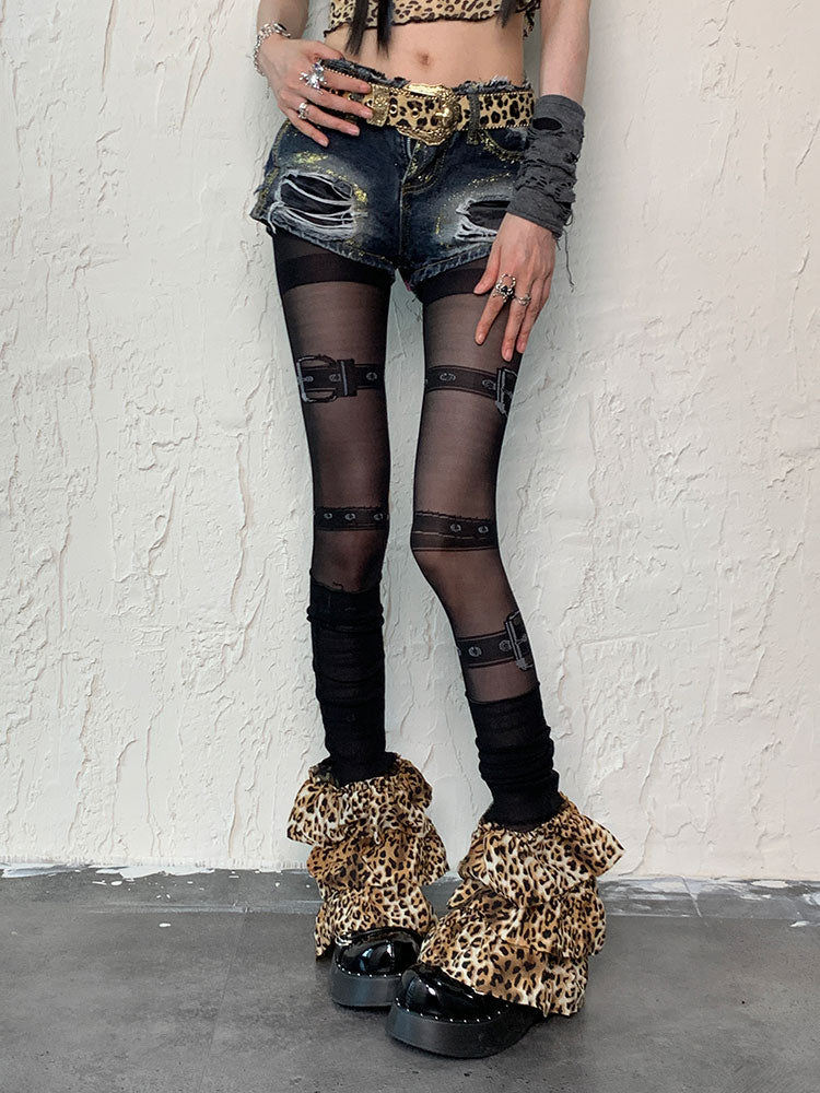 Black Punk Buckle Print Tights Leopard Leg Warmers Set