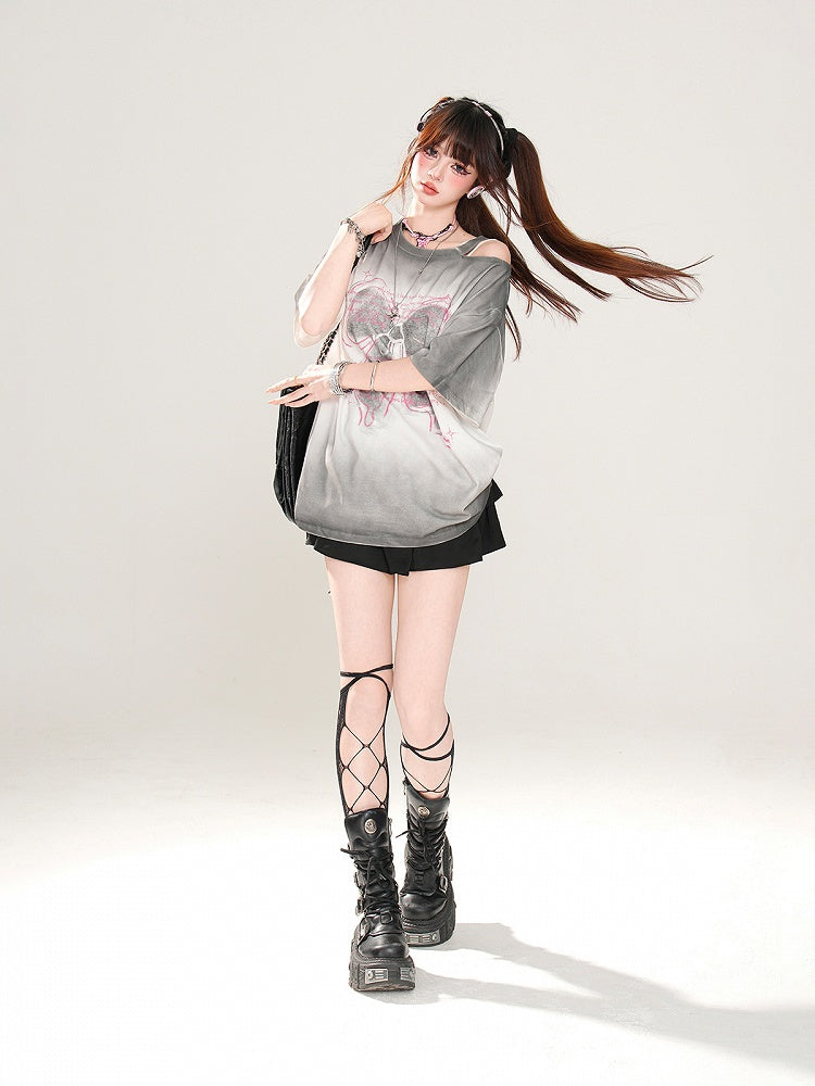 Butterfly Rose Pink/Pink/Grau Lockeres Schulter-T-Shirt Print Ombre Cutout