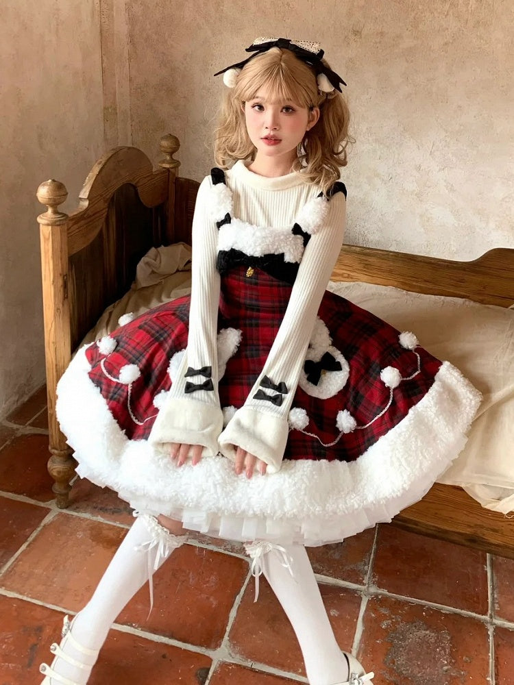 Lolita-Ausschnitt, Saum, Häschen, Ausverkaufsgröße, Oberweite, kariertes Thema, rotes Plüsch- und Musterkleid, Weihnachten, Winter, für L 92–102 cm