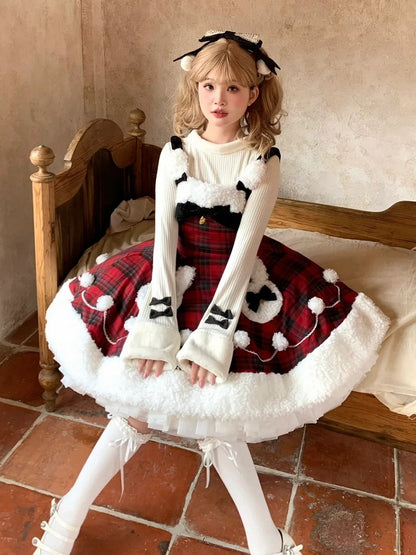 Lolita-Ausschnitt, Saum, Häschen, Ausverkaufsgröße, Oberweite, kariertes Thema, rotes Plüsch- und Musterkleid, Weihnachten, Winter, für L 92–102 cm