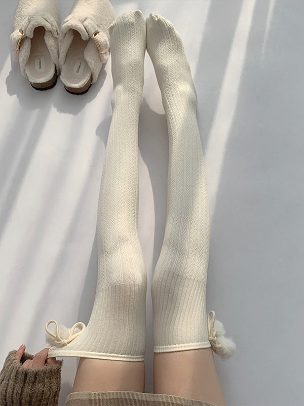 Vertical-Stripe Over Knee with Decorations Colors Pom-Pom 4 Stockings