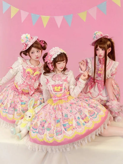 Trim Flutter and Sleeves Yellow Lolita JSK Cupcake with Dress Prints Sweet Lace Pink