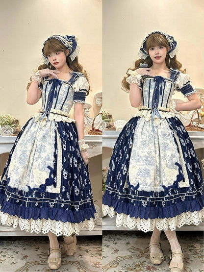 ブルーのオープンショルダーキャビンコルセットトップ + ダークブルーの花柄ロリータスカート