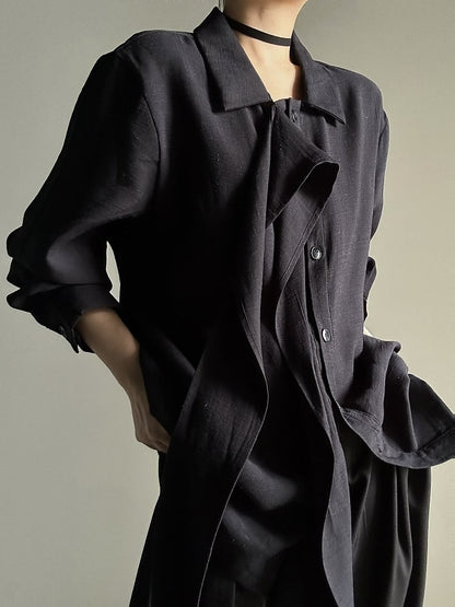 Loose Collar Lolita Draping Long Ouji Shirt Retro Black Pointed with Ribbon