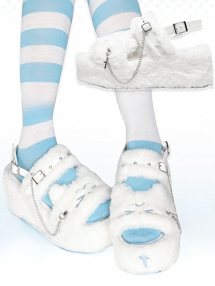 Embroidered Cross House in Details White Platform Style Kawaii Studs With Crying Plush Kitty Shoes Design