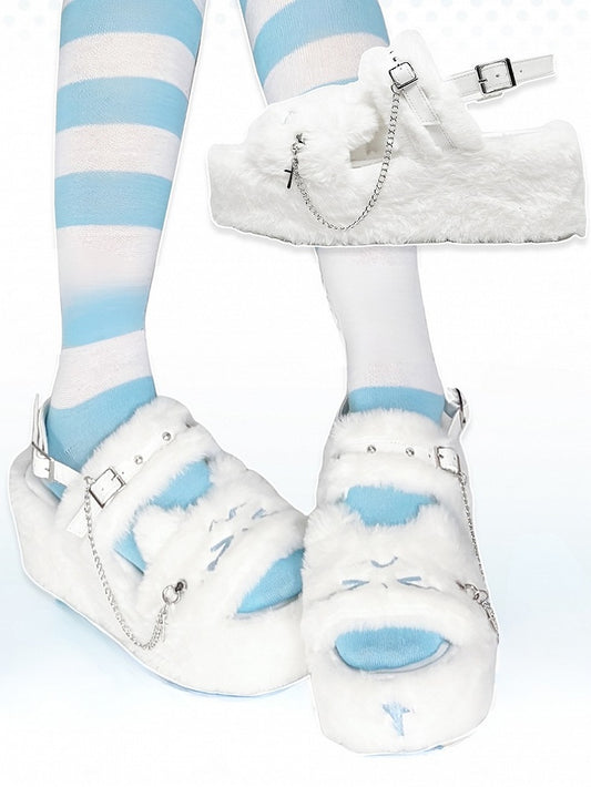 Embroidered Cross House in Details White Platform Style Kawaii Studs With Crying Plush Kitty Shoes Design