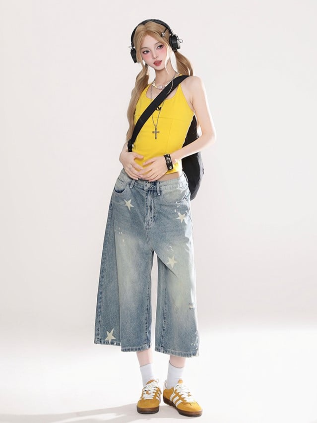 Starry Blue Faded Wash Denim Capris Pants with Distressed Holes
