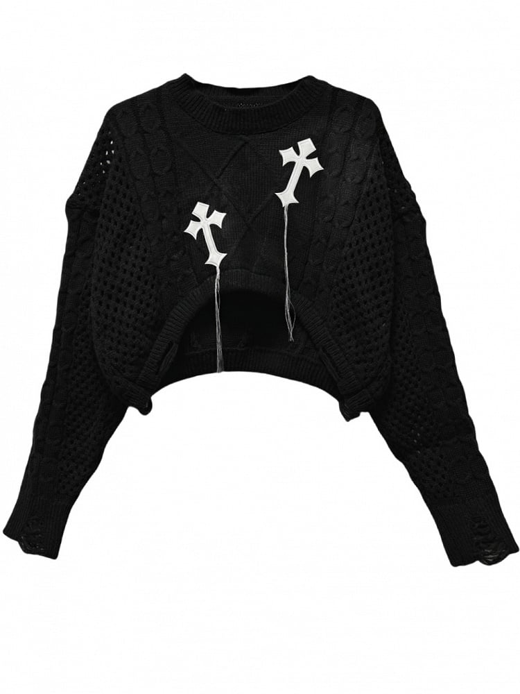 Kurzer Pullover mit schwarzem Punk-Kreuz-Applikationen und Fransendesign