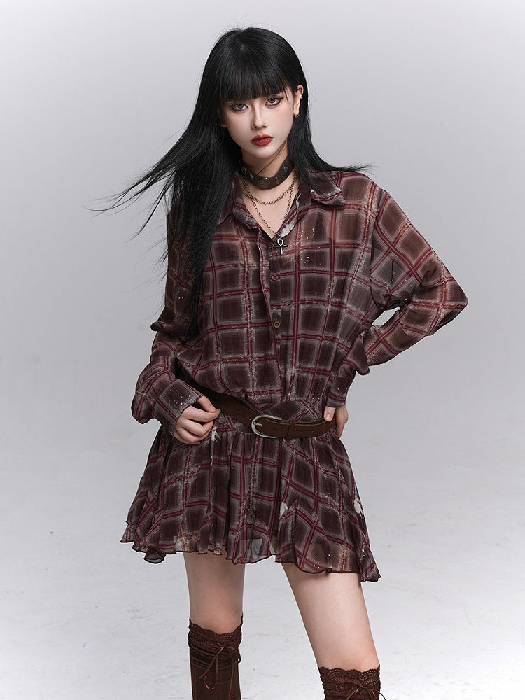 Plaid PU Coffee Gothic Belt Dress with Brown Shirt Lined Red