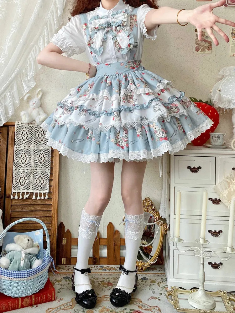 Overall Bunny Lolita Print Blue Sweet Skirt