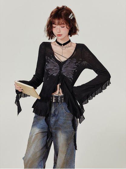 Black Butterfly Print Long Sleeve V-neck Knit Cardigan with Inner Top - Girlyhalo