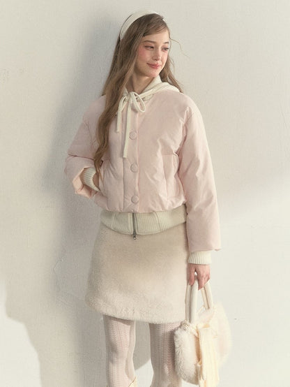 Jacket with Pink Hooded Down Bow Fake Two-Piece Details