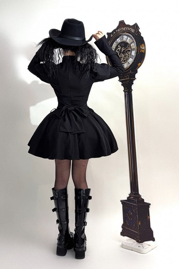 Steampunk Brown x Gothic Black Mode Buckle High Collar Puff Sleeve Doll Dress