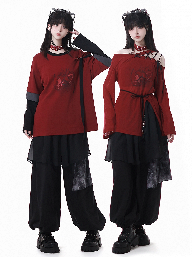 Graphic Top with Detachable Sleeves Style Black Cheongsam Red and