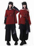Casual Pants Elastic Waist and Cuffs Dye Black Style Tie Mesh Patchwork Cheongsam
