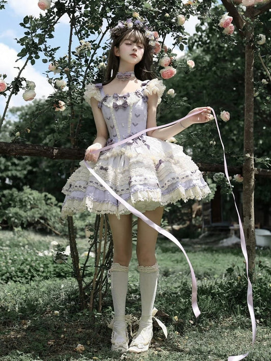 スカートのアクセント、パープルドレス、ウエストジャンパー、ロリータ、ボウ、ボーンド、バレコア