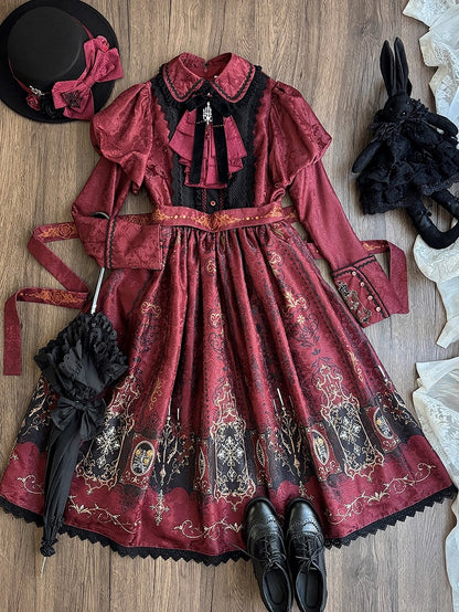 Red Dress with Lolita Wings Print Bat Gothic Candelabras Juliette Sleeves