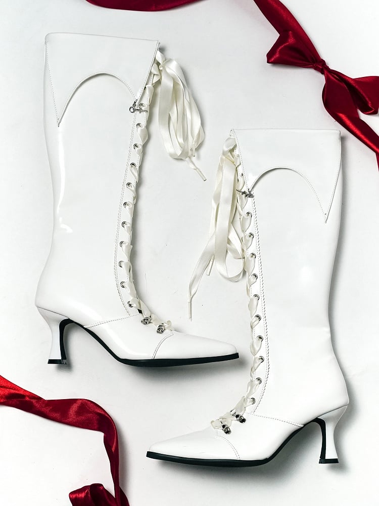 High-heel Gothic Polished Knee-Length Fold-Down - Collar White Boots