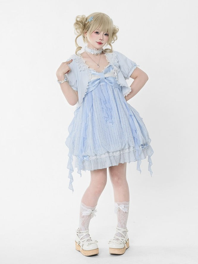 Blue Bow Cardigan with Lace Trim - Tan Tuan
